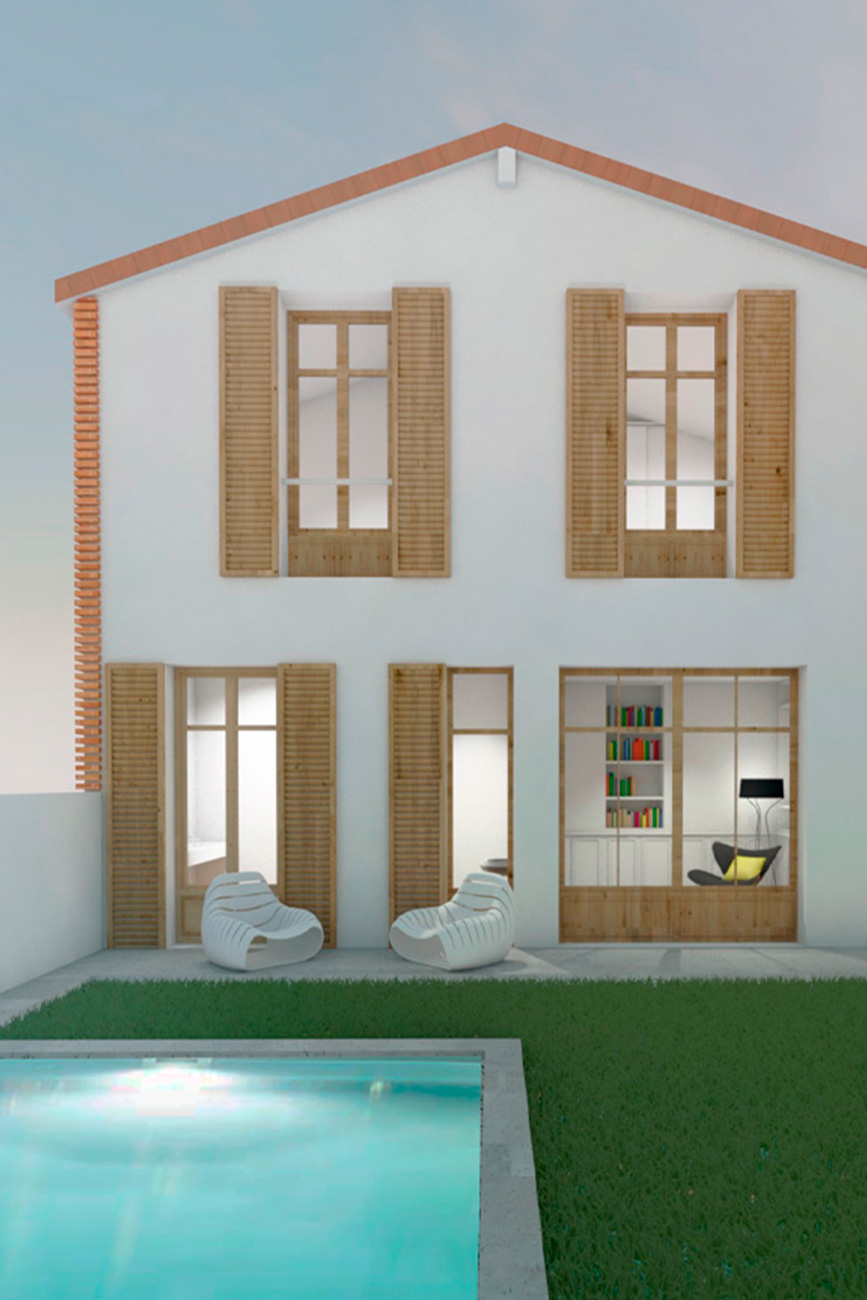 BB85 Projet de surélévation d'une maison existante compris traitement du jardin, réaménagement de l'annexe et création d'une piscine.